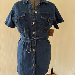 Casual Blue Denim Belted Dress